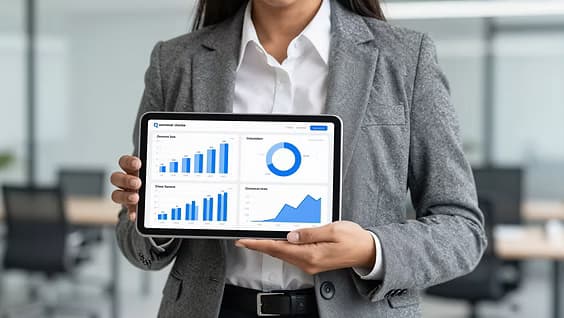 A businessperson holding a tablet displaying a live analytics dashboard
