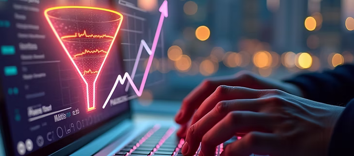 Neon data funnel and rising trend line over a laptop, representing AI search optimization
