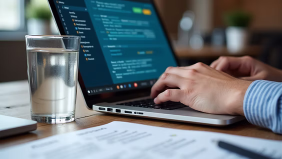 Laptop showing an SEO dashboard next to a glass of water on a desk