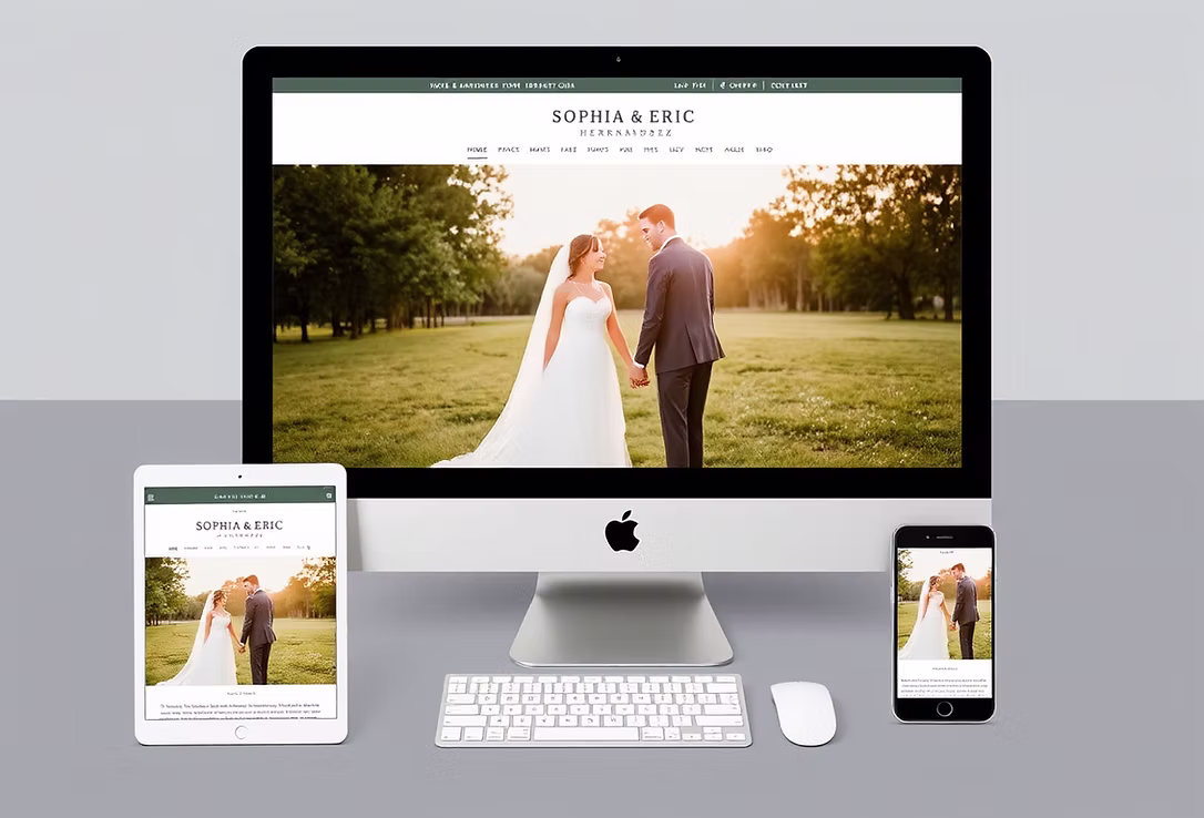 A custom website mockup displayed across a desktop, tablet, and phone